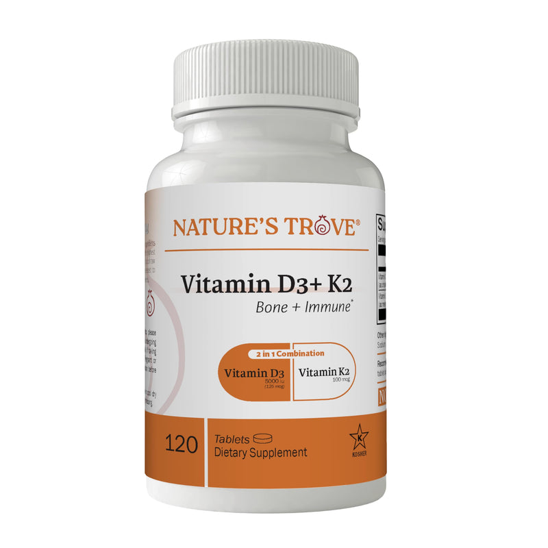 Nature's Trove Vitamin D3 5000 IU Plus K2 100mcg for Bone Health & Immune Support - 120 Tablets - 2-in-1 Formula 120 Count (Pack of 1)
