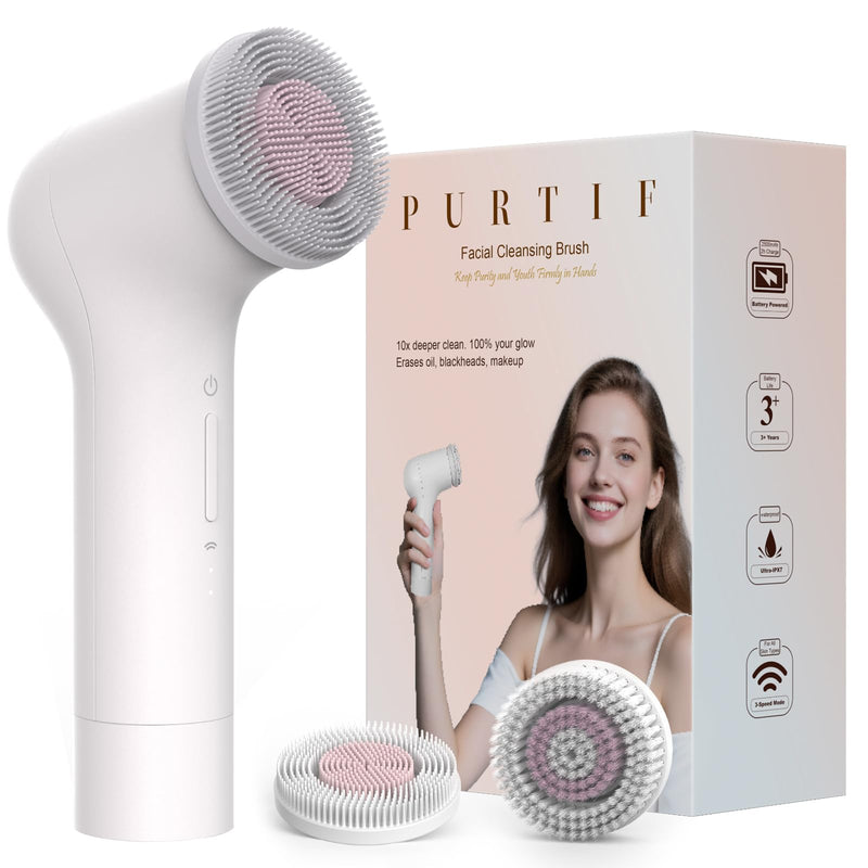 Electric Facial Cleansing Brush - Rechargeable Silicone Face Scrubber exfoliator, Face Pore Cleansing Brush,3 Speeds,Waterproof, Exfoliating & Massage,for Women & Men.for Face Skin Issues,White