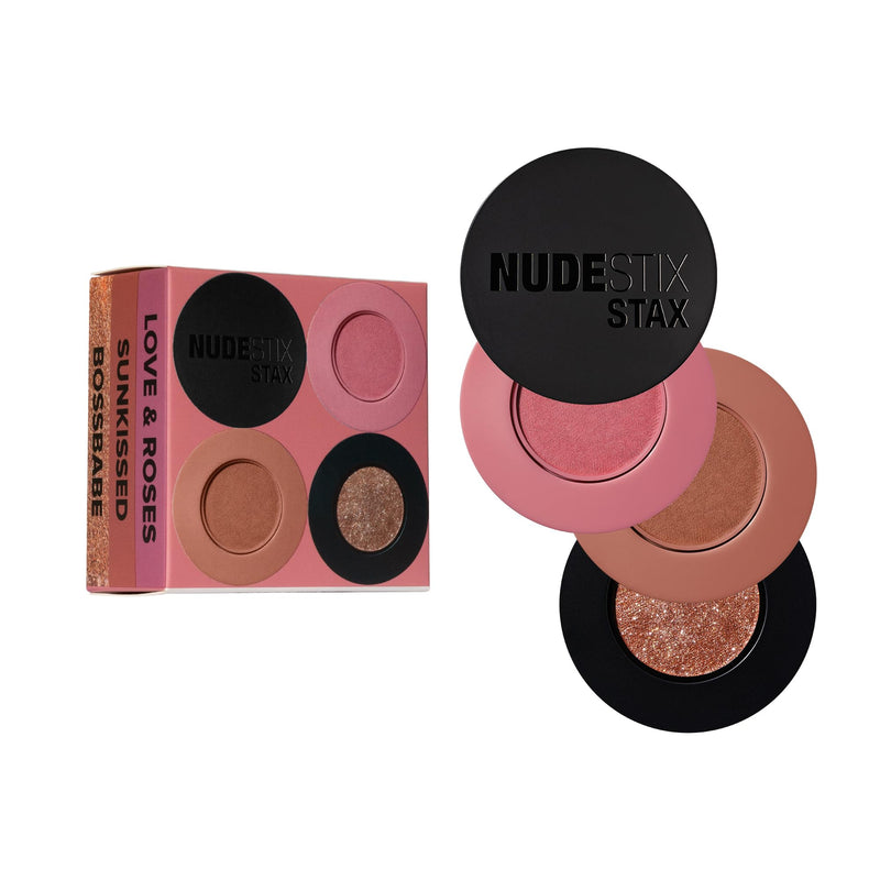 [Australia] - Nudestix Sunkissed Glow STAX Set – 3-Piece Cream Blush & Highlighter Makeup Sticks for Cheeks, Lips & Eyes | Includes Sunkissed, Love & Roses, BossBabe | Stackable, Multi-Use, Vegan Face Kit 
