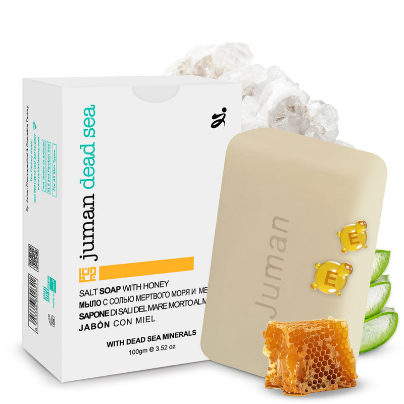 JUMAN Dead Sea Minerals Salt Soap for Acne and Dark Spots | Infused with Honey & Aloe Vera Gel Extract | Vitamin E | Moisturizing Soap Bar for Face and Body | 4oz (Pack of 1) Dead Sea Salt 4 Ounce (Pack of 1)