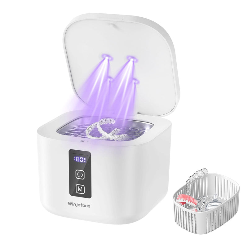 [Australia] - Retainer Cleaner, Ultrasonic Retainer Cleaner Machine 48kHz for Dentures, Mouth Guards, Braces, Toothbrush Heads, Jewelry, Ring with 300ML Capacity, 4 Modes Retainer Cleaning - White White | Comes With Filter Basket 