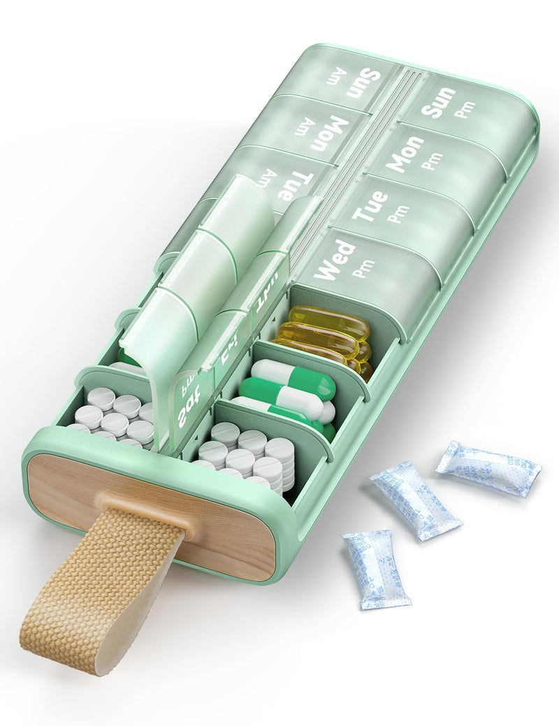 Pill Organizer 2 Times a Day, Built-in Desiccant | 7 Day AM PM Weekly Pill Box, Easy-Open, Portable Carry Handle, BPA-Free, Matte Privacy Case for Supplements and Vitamins A1-green 14 compartments
