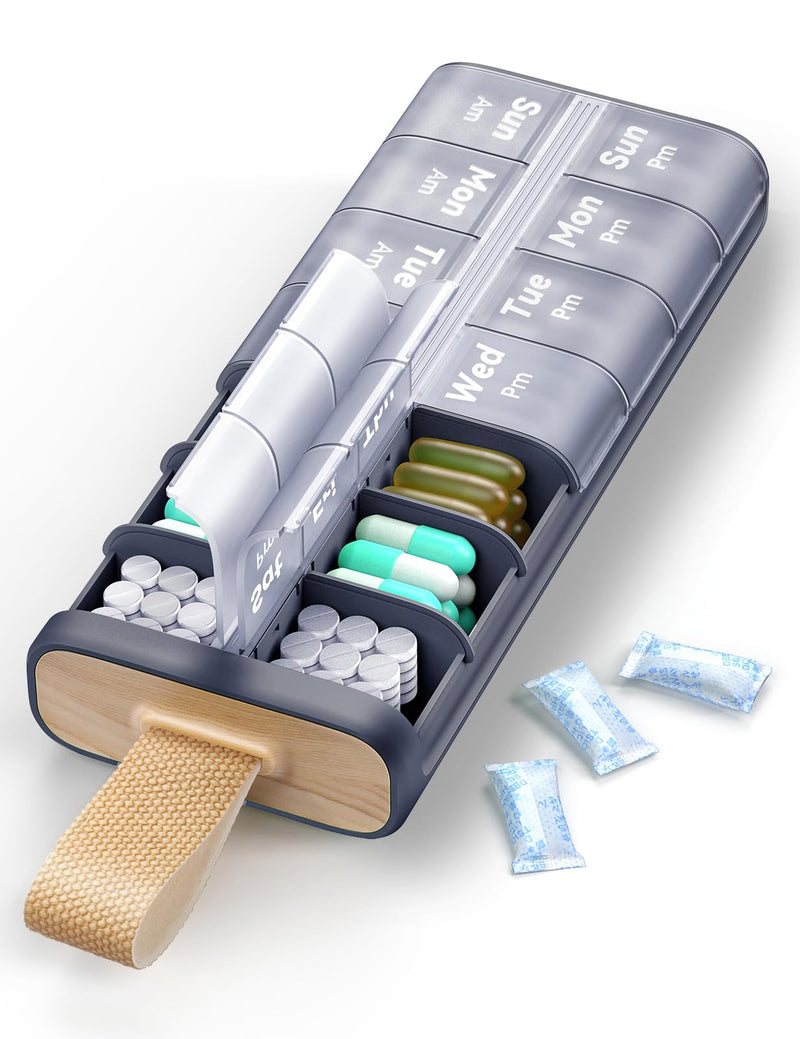 Pill Organizer 2 Times a Day, Built-in Desiccant | 7 Day AM PM Weekly Pill Box, Easy-Open, Portable Carry Handle, BPA-Free, Matte Privacy Case for Supplements and Vitamins A2-indigo Blue 14 compartments