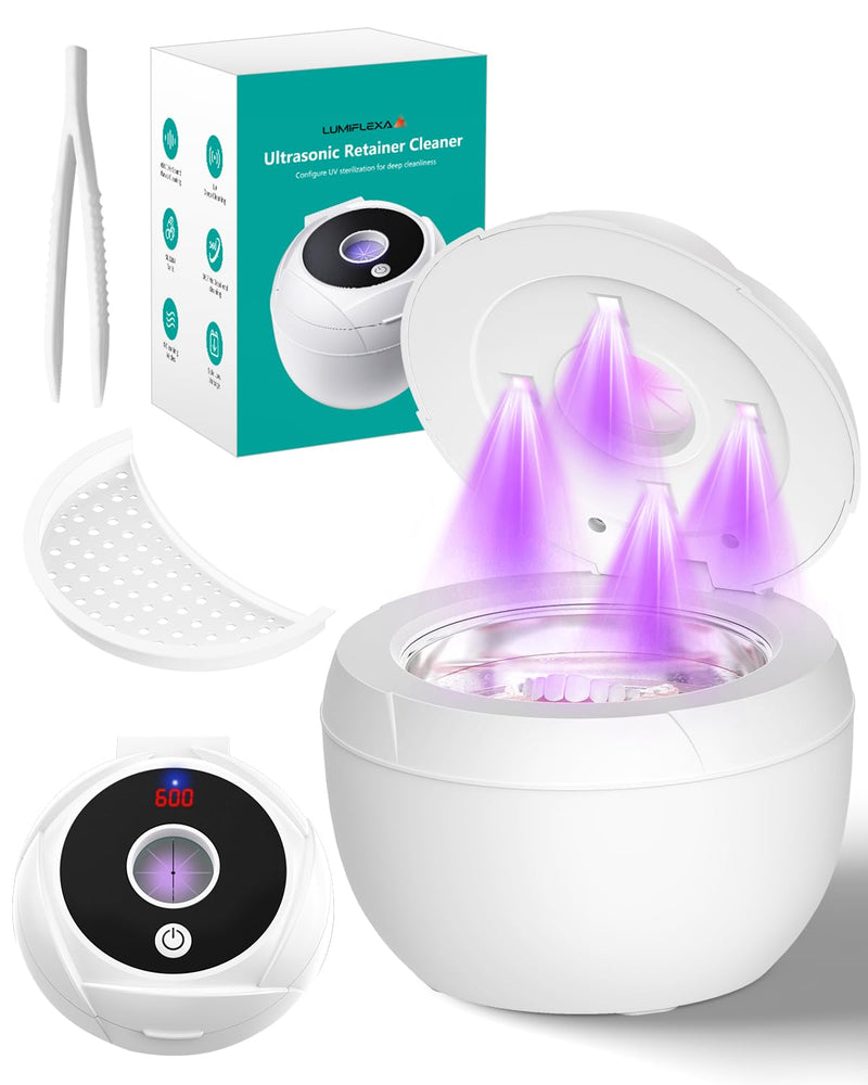 [Australia] - Retainer Cleaner Machine, 45kHz Portable Ultrasonic Cleaner, 4 Cleaning Modes, 200ml Stainless Steel Tank, Digital Timer, Includes Tweezer & Drain Basket for Jewelry, Glasses, Watches, & More White 