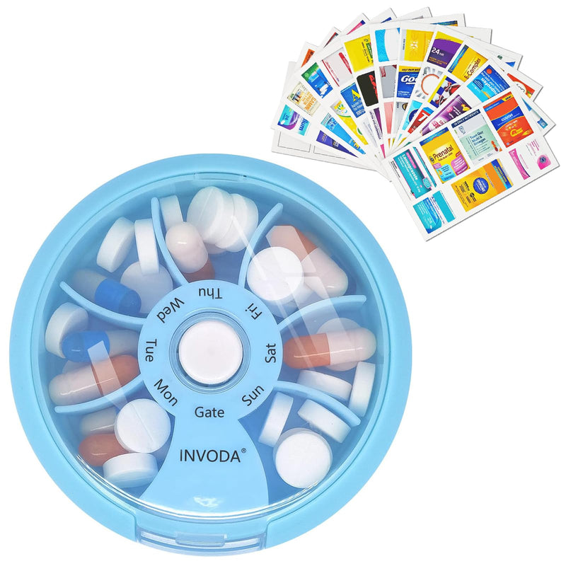INVODA Weekly Pill Organizer with 77 Pre-Cut Medication Labels – 7 Compartment Rotating Medicine Box Daily Pill Case for Vitamins, Fish Oil & Prescriptions – BPA-Free Plastic – Compact Travel Size Blue+med Labels