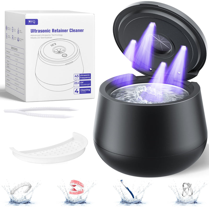 [Australia] - 45kHz Ultrasonic Retainer Cleaner, 200ML Dental Cleaning Pod for Dentures, Mouth Guards, Braces, Aligner, Toothbrush Jewelry and More, UV Denture Cleaner with 4 Modes & Digital Timer Black 