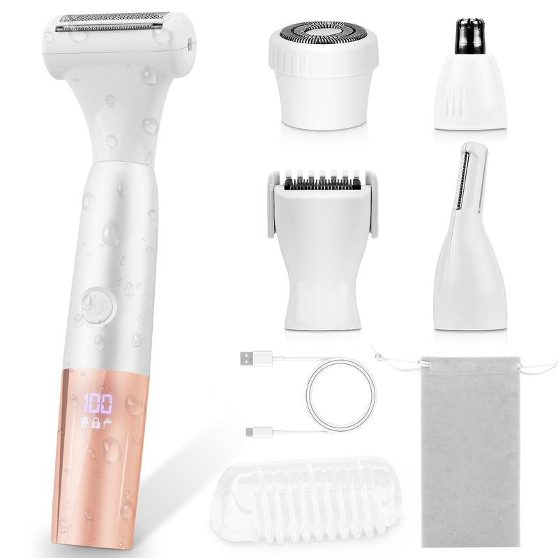 [Australia] - 5-in-1 Bikini Trimmer for Women, IPX7 Waterproof Rechargeable Electric Razors Shaver, Cordless Body Hair Trimmer with LED Display for Nose Eyebrows Beard Underarm Leg Arm, Easy Cleaning Grooming Kit 