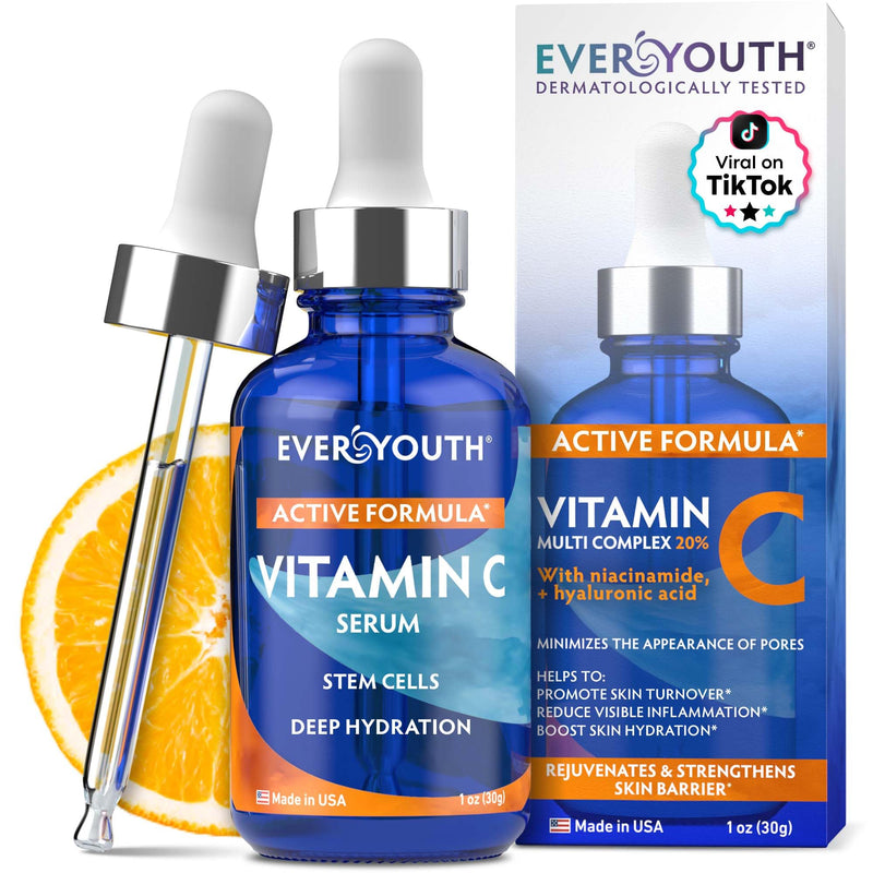 Vitamin C Serum for Face, Stem Cells, Niacinamide, Hyaluronic Acid & Vitamin E - Anti-Aging Retinol Facial Serum with Glycolic Acid & Retinal for Brightening, Hydrating & Firming Skin - Made in USA 1 Fl Oz (Pack of 1)