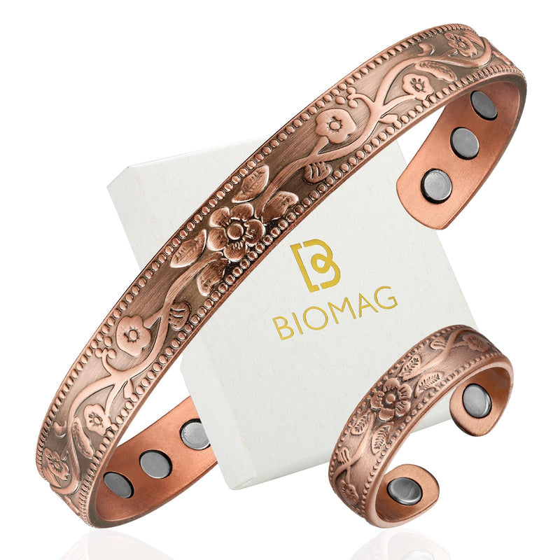 [Australia] - BioMag Copper Bracelet & Ring for Women, 99.99% Pure Copper Magnetic Bracelet Lymphatic Drainage Rings with 3500 Gauss Magnets, Adjustable & Flower Pattern 