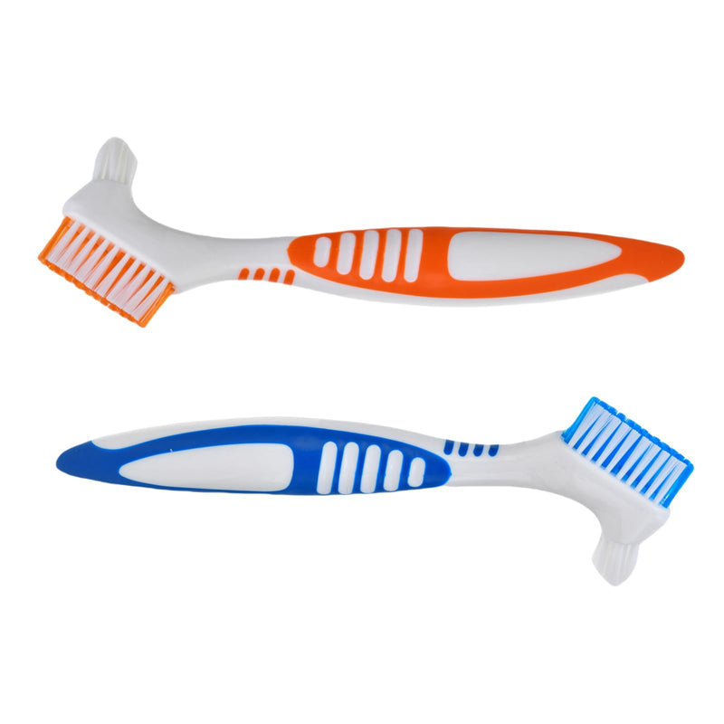 [Australia] - Denture Cleaning Brushes 2-Pack with Dual-Angle Heads - Soft Nylon Bristles & Ergonomic Grip, Travel Brush Kit for Seniors (Orange/Blue) | Denture Care Essentials, Heartwarming Gift for Elderly Orange/Blue 