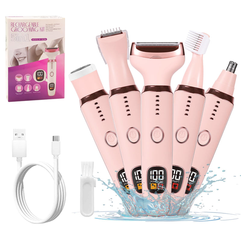 [Australia] - Electric Razors for Women, 5 in 1 Painless Ladies Wet & Dry Body Razors and Facial Hair Remover, Rechargeble Facial and Body Hair Remover for Face Nose Eyebrow Arms Armpit Legs Pubic Area (Pink) Pink 