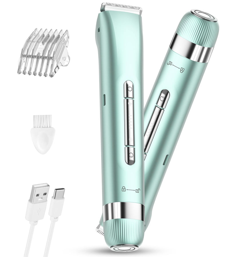 [Australia] - Electri Razors for Women, 2 in 1 Bikini Trimmer for Women Painless Bikini Shaver for Bikini, Underarm, Legs, Arms Waterproof, USB Rechargeable Facial Hair Trimmer Green 