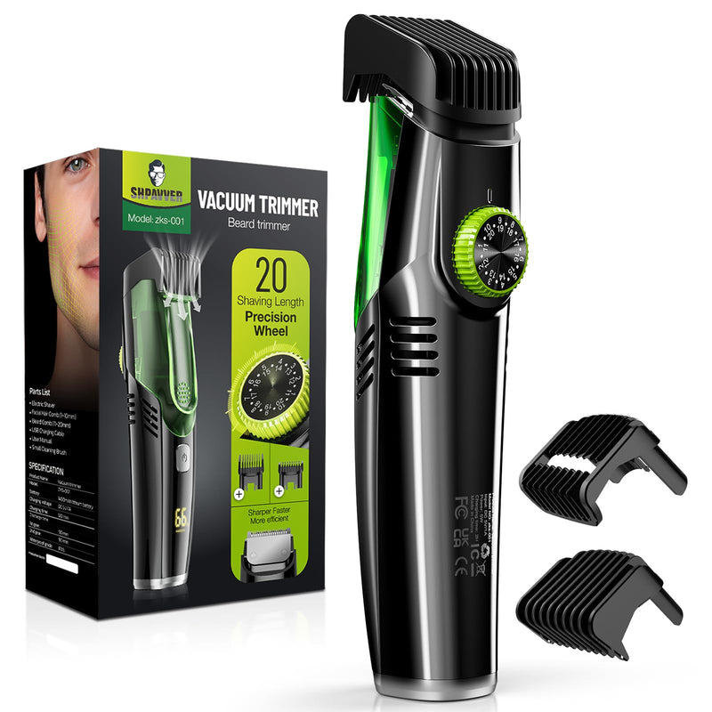 [Australia] - SHPAVVER Beard Trimmer for Men: Vacuum Mustache Trimmer for Less Mess -IPX7 Waterproof- Rechargeable Electric Beard Cutting Kit with Adjustable Length Comb-Built-in Vacuum for Sideburns, Stubble Deep Black 