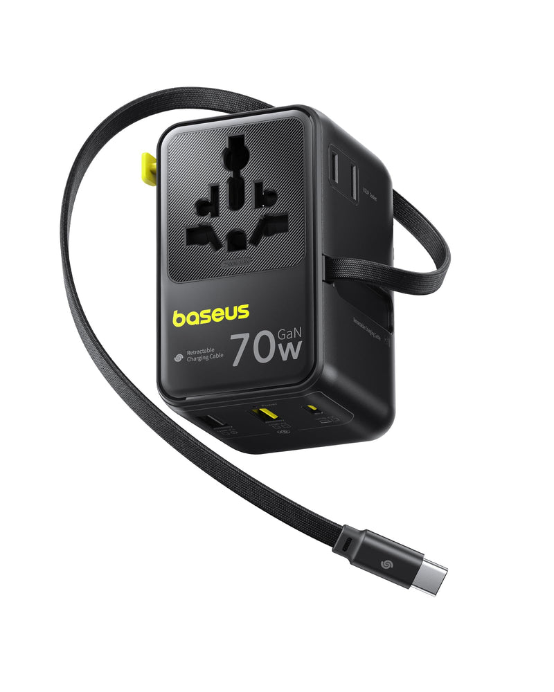 Baseus 70W Universal Travel Adapter, 6-in-1 International Plug Adapter | Worldwide Wall Charger with Retractable Cable, USB-C Fast Charging for USA/EU/UK/AUS and Over 200 Countries - Enercore CG11 Black