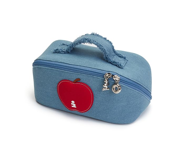 Imagine Apple Large Capacity Travel Makeup Bag, Cosmetic Bag with Double Metal Zippers for Women, Wide-Open Flat Pouch for Brushes & Skincare, Portable Organizer with Handle, Denim