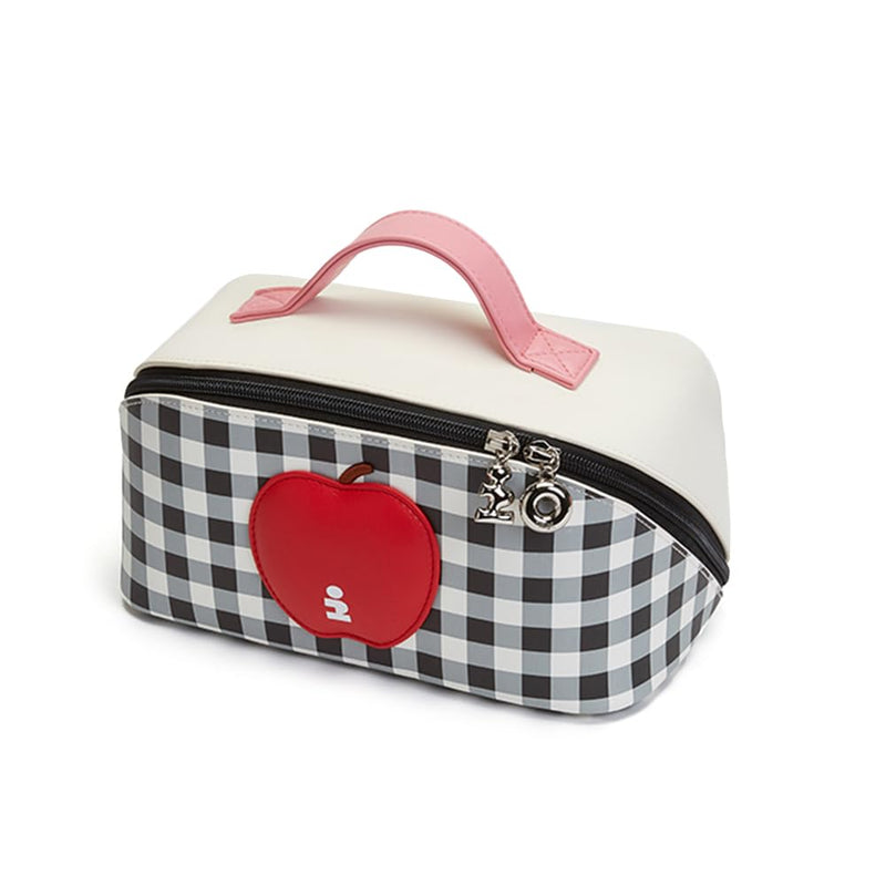 Imagine Apple Large Capacity Travel Makeup Bag, Cosmetic Bag with Double Metal Zippers for Women, Wide-Open Flat Pouch for Brushes & Skincare, Portable Organizer with Handle, Cow Grid