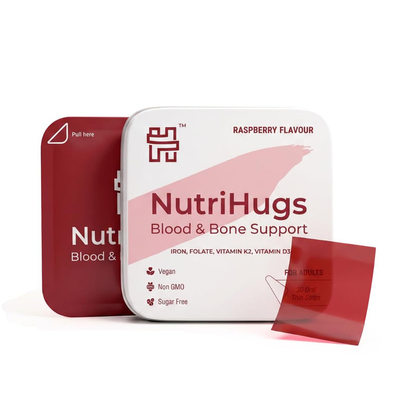 NutriHugs Blood and Bone Support - Iron, Folate, Vitamin D3 and K2 - Fast-Dissolving Oral Thin Film Strips - Non-Constipating Iron - Vegan, Sugar-Free, Non-GMO - 30 Strips