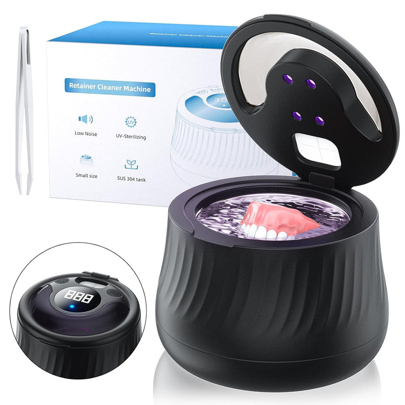 [Australia] - Ultrasonic Retainer Cleaner Machine- 45kHz Denture Cleaner, 200ML Dental Cleaning Pod for Aligners, Mouth Night Guards, Toothbrush Heads & Jewelry, 4 Cleaning Modes, Digital Timer, Black 