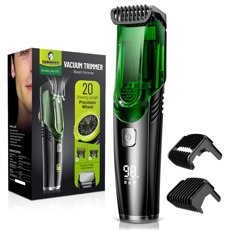SHPAVVER Beard Trimmer for Men: Vacuum Mustache Trimmer IPX7 Waterproof- Rechargeable Electric Beard Cutting Kit with Adjustable Length Comb- Built-in Vacuum for Sideburns Deep Black & Green