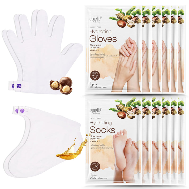 [Australia] - Epielle Hydrating Hand & Foot Masks 12 Pairs, Deep Moisturizing Socks & Gloves, Soften Dry Hands & Cracked Heels with Shea Butter & Jojoba Oil, Korean Skin Care, Foot Spa, Self Care Gifts for Women Hydrating Socks & Gloves 