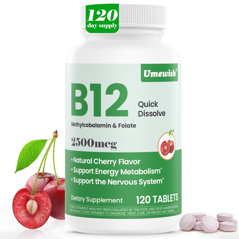 Vitamin B12 Methylcobalamin Sublingual 2500 mcg(4-Month Supply) | With Folic Acid Under Tongue Cherry Flavor for Cellular Energy Support, Energy Metabolism, Nervous System Health