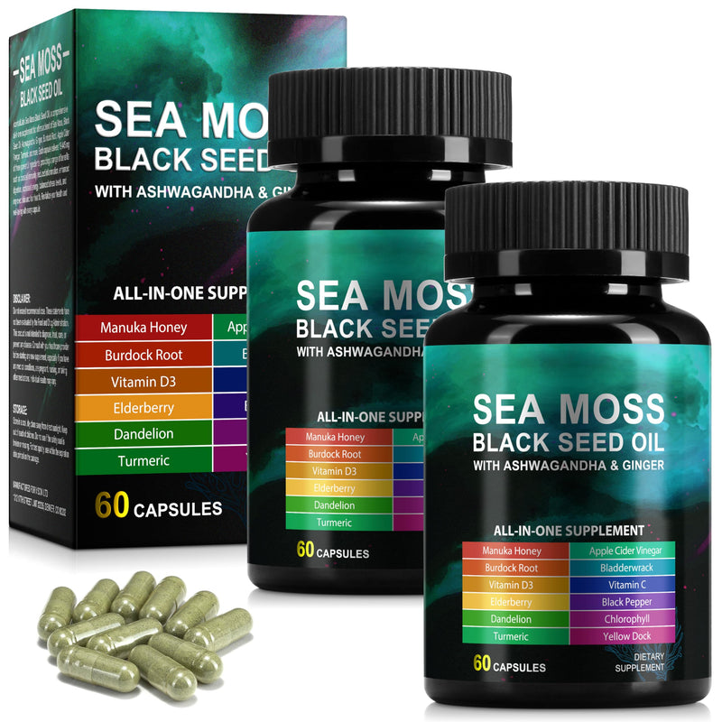 Sea Moss Black Seed Oil Capsules with Ashwagandha, Turmeric, Burdock Root, Bladderwrack, Vitamin C & Vitamin D3, Dietary Supplement, 120 Capsules