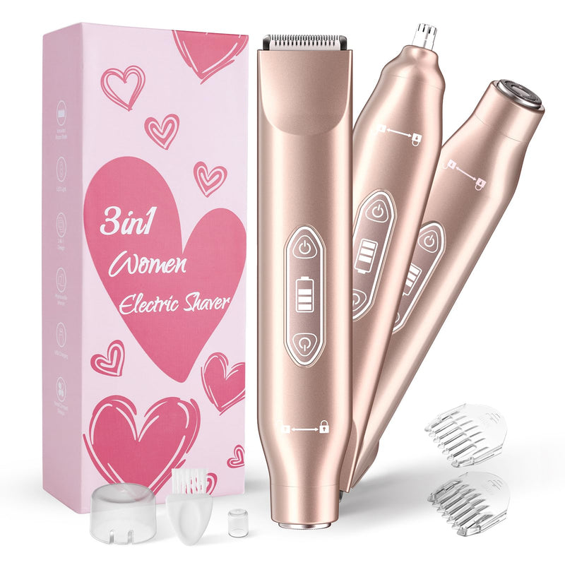 [Australia] - Bikini Trimmer for Women，3 in 1 Electric Razor with Ceramic Blades, IPX7 Waterproof, USB Rechargeable, Painless Hair Removal for Face，Body，Bikini Area, Travel Grooming Kit (Rose Gold) Rose Gold 