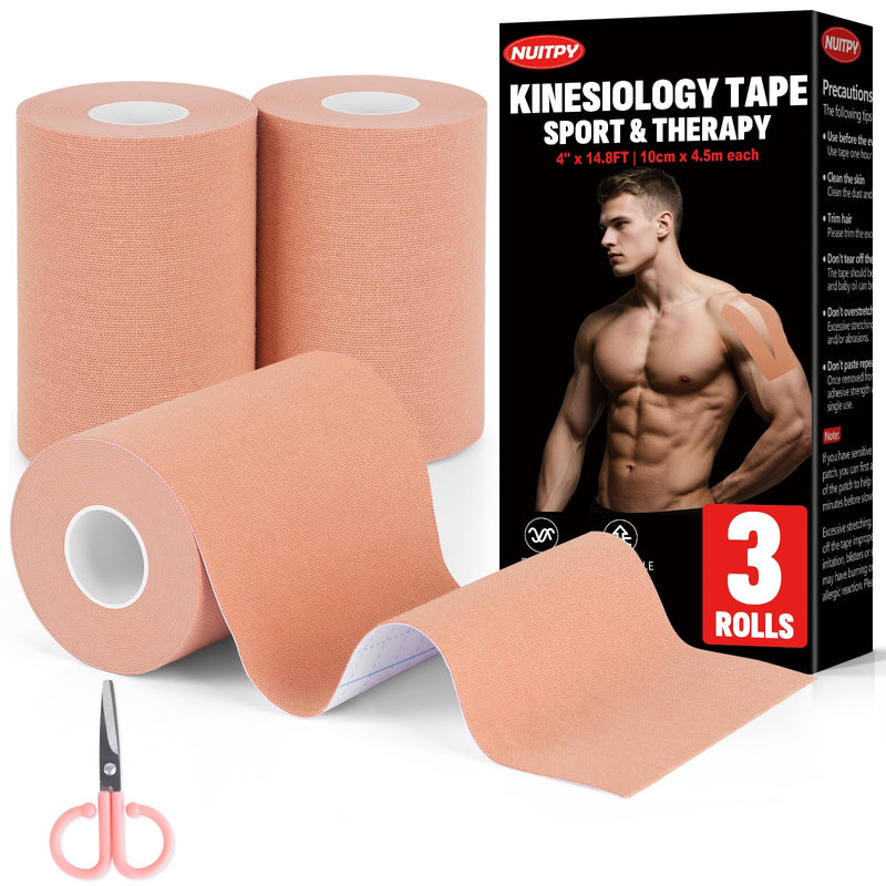[Australia] - 3 Rolls Kinesiology Tape, 4 inch x 14.8 Feet Waterproof Athletic Tape, Uncut Kinetic Tape, Elastic Muscle Tape, Sports Tape, Knee Tape for Exercise and Daily Use - Skin Color 