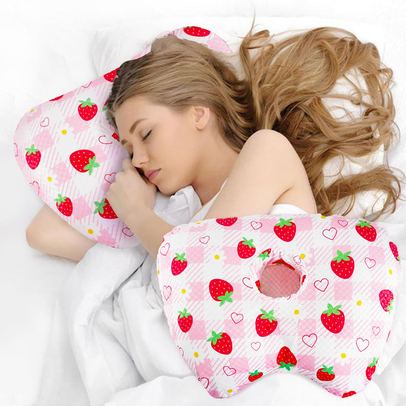 [Australia] - Ear Piercing Pillow for Side Sleepers – Pillow with Hole for Ear Pain Relief, Detachable/Cotton Curved Ear Pillow, for Ear Inflammation Pressure Sores - Strawberry 