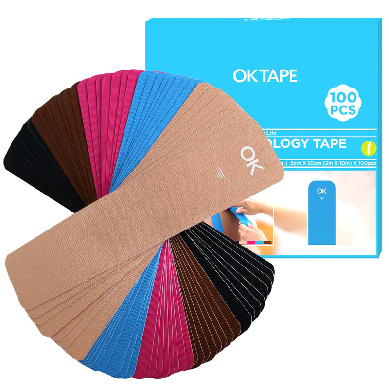 [Australia] - OK TAPE 100Pcs Precut Kinesiology Tape Strips, Elastic Athletic Tape for Joints Support & Muscle Pain Relief, Waterproof, Kinetic Tape for Shoulder, Knee, Ankle (5 Colors, 2 inch x 10 inch) Mixed 100 Pcs 
