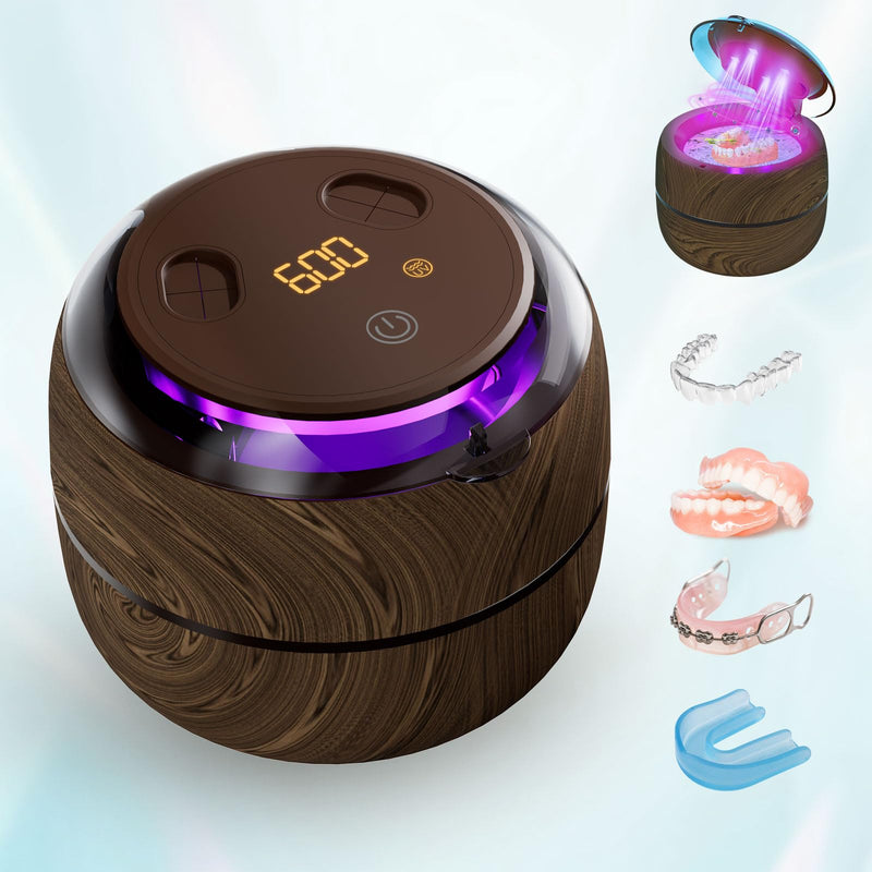 [Australia] - Voraiya Dental Ultrasonic Retainer Cleaner Machine, 45kHz Denture Cleaning Pod with 4 Modes Digital Timer for Aligner, Mouth Night Guard, Braces, Toothbrush, Jewelry, Ring Brown 