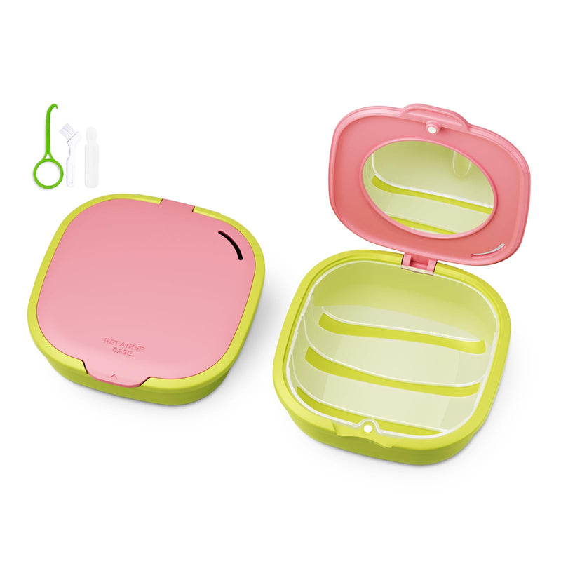 [Australia] - Magnetic Retainer Box with Mirror, Compact Denture Case with Vent Holes & Retainer Remover Tool & Chewies & Brush, Protable Aligner Cleaner Case for Night Mouth Guards, Braces (Pink Green) 