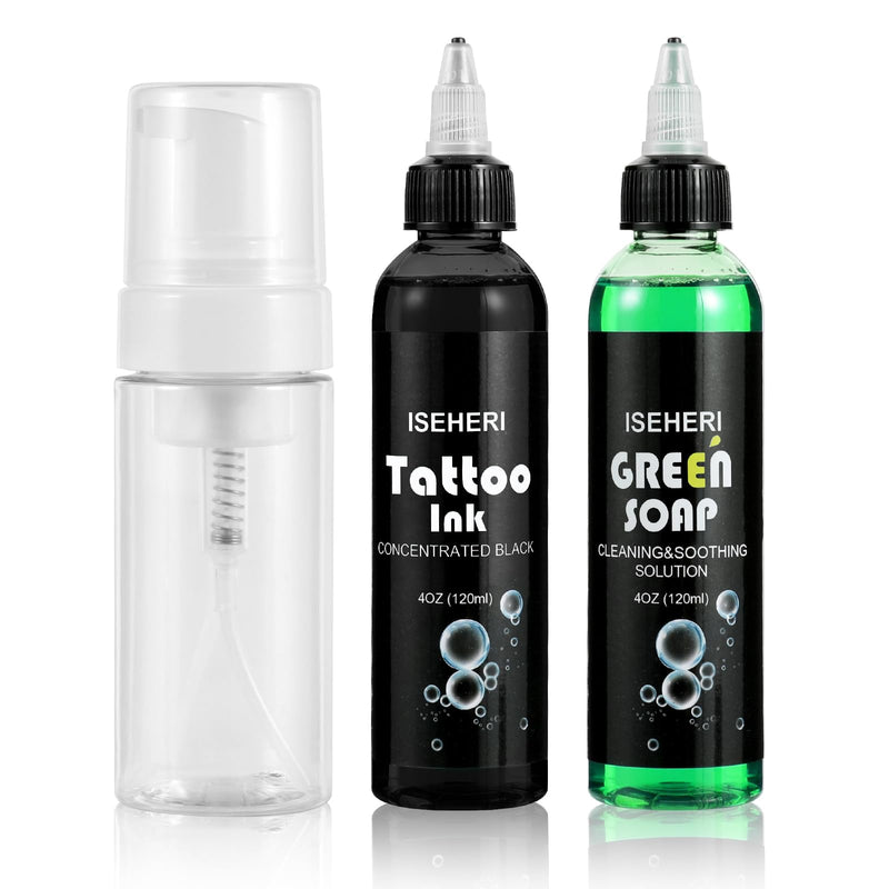 [Australia] - Professional Black Tattoo Ink & Ultra Concentrated Green Tattoo Soap, 4 oz with Foaming Bottle - Premium Quality Kit for Tattoo Artists 