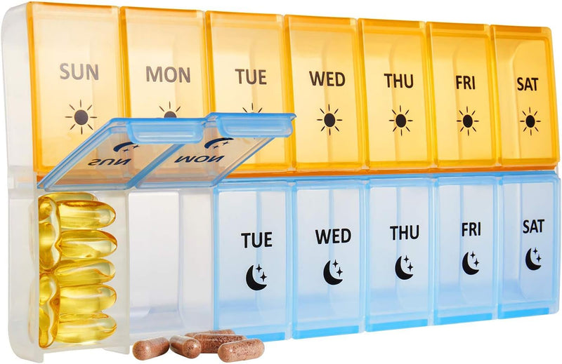 Extra Large 7 Day Pill Organizer AM PM BPA-Free Medicine Case with Oversized Compartments for Large Vitamins, Fish Oil, and Supplements, Easy Open Design(Yellow/Blue)