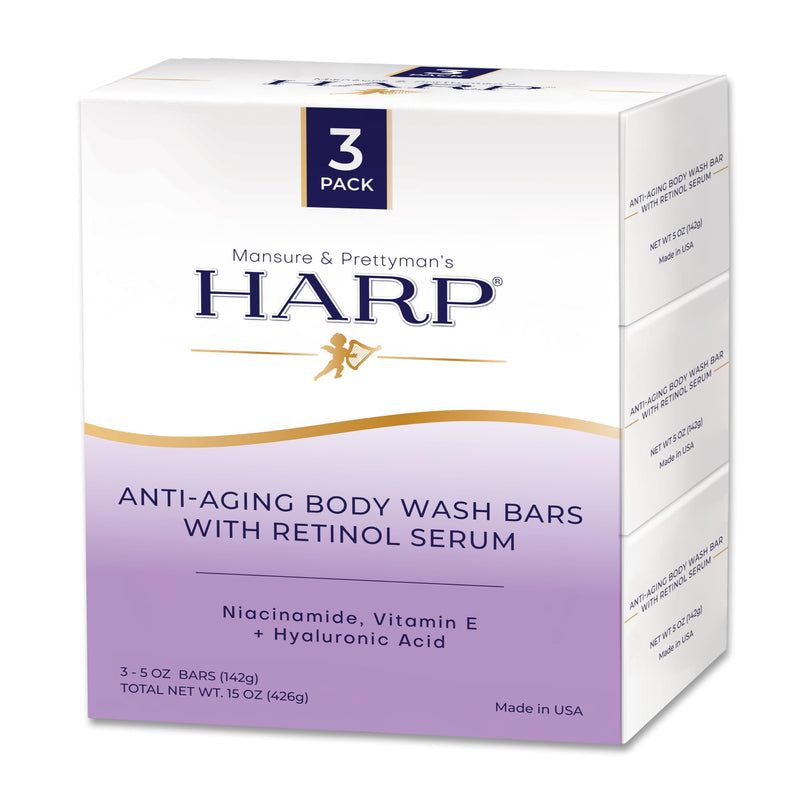HARP® Anti-Aging Body Wash Bar with Retinol – pH Balanced Syndet Cleanser, Fragrance Free, Soap-Free & No Lye, Non-Comedogenic, With Niacinamide, Hyaluronic Acid & Vitamin E, 3-5oz Bars. Anti-Aging - Fragrance Free 3 Bars