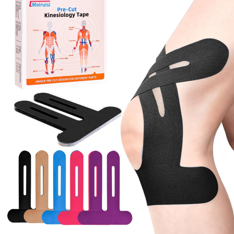 Kinesiology Tape for Knees 12 Pcs, PreCut Athletic Knee Tape for Knee Pain Relief- Brace & Elastic Supports- Waterproof & Breathable Hypoallergenic Latex-Free Tape Black