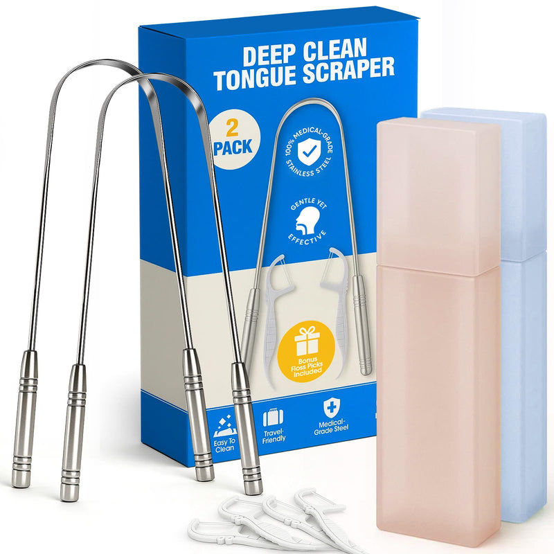 [Australia] - Stainless Tongue Scraper Set for Adults： Easy To Use For Oral Care and Hygiene – Pack Of 2 Stainless Steel Tongue Cleaners, 2 Travel Cases, 4 Floss Picks – Cleaning for Tongue Care & Fresh Breath SILVER 