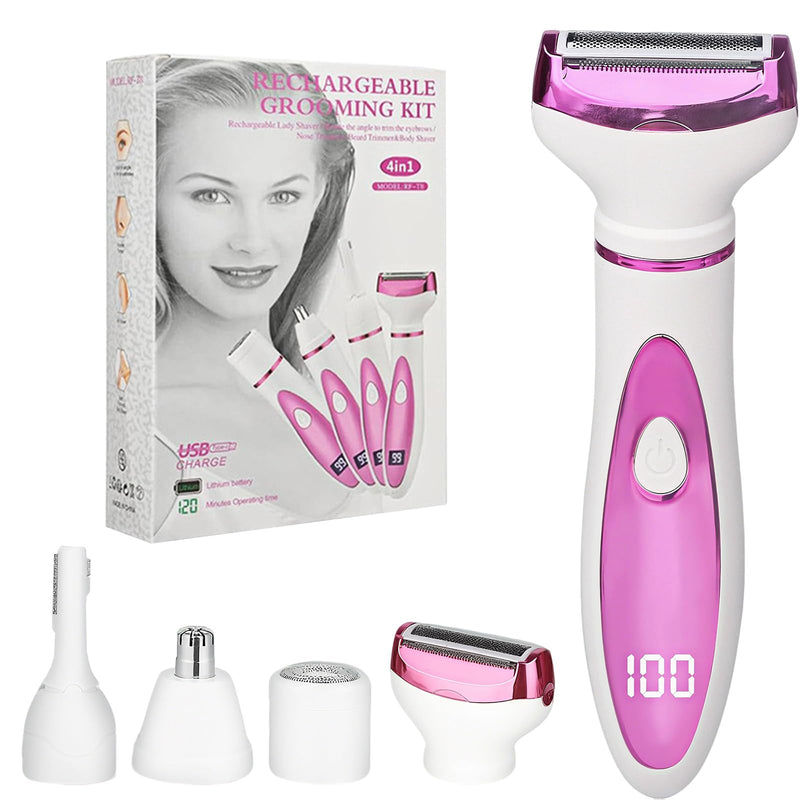 [Australia] - Electric Razor for Women Men : 4 in 1 Painless Ladies Wet & Dry Body Razors and Facial Hair Remover, Rechargeable Led Display Hair Removal Kit for Nose Face Body Leg Bikini Arm Hair Pink 