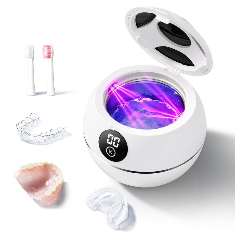 [Australia] - Kingwell 45KHz Ultrasonic Retainer Cleaner Machine, 230ML Denture Cleaner for Retainer, Mouth Guard, Aligner, Toothbrush Head, Dental Cleaning Pod with Digital Timer, FSA HSA Approved (White) White 