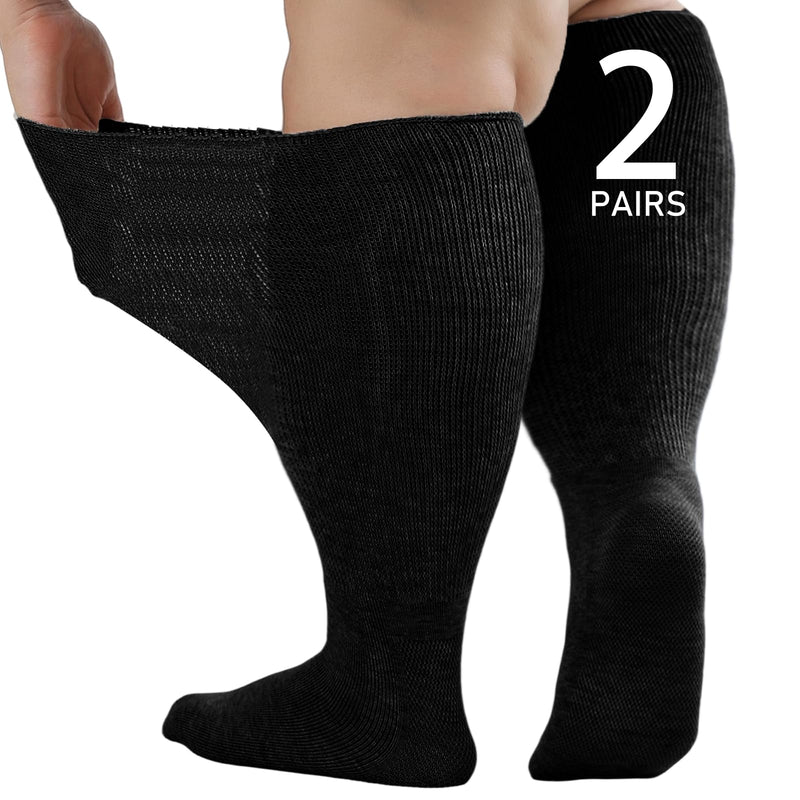 [Australia] - Wide Diabetic Socks for Men Women Plus Size, Extra Long Edema Sock with Thickened Sole, Non-Binding Loose Fit Socks for Swollen Feet, Lymphedema,Neuropathy- 2 Pairs Black 2Pairs Black 