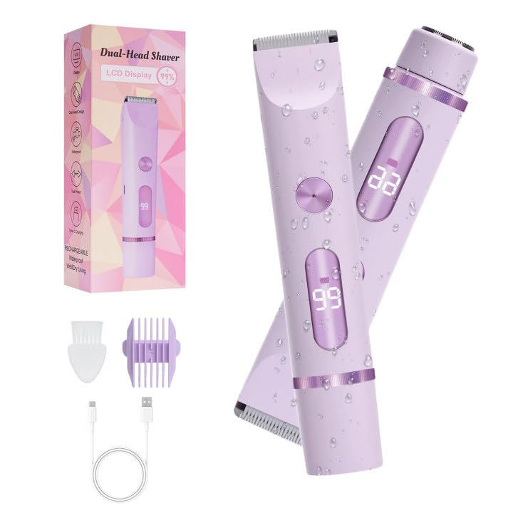 [Australia] - 2025 Upgraded Dermave Bikini Shaver - 2 in 1 Bikini Trimmer for Women with LCD Display, Dual Head Cordless Electric Shaver, IPX7 Waterproof Wet/Dry Body Hair Trimmer for Face,Purple 