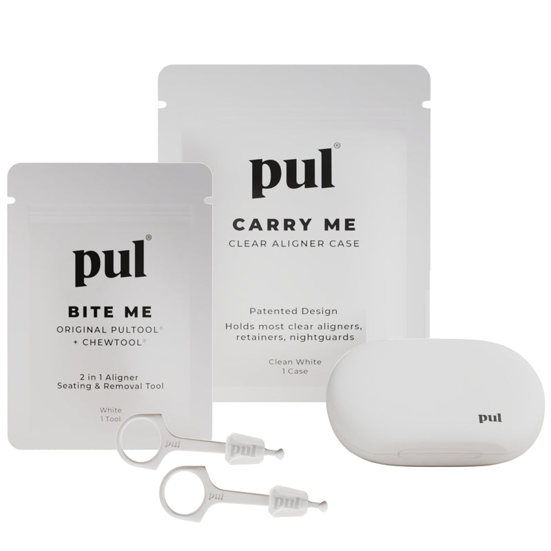 [Australia] - PUL Aligner Care Convenience Kit – Case + 2-in-1 Tool for Invisalign, Retainers, Partial Dentures, Mouth & Night Guards & More – White Case & 2-Pack of White Aligner Seating Chewie & Removal Tool White - Combo 