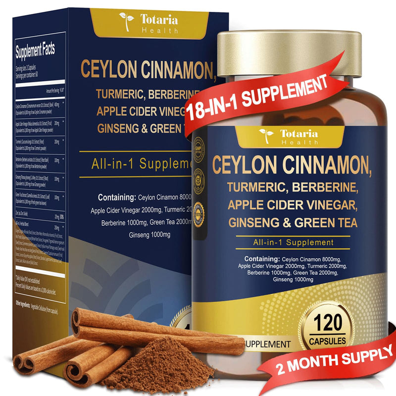 [Australia] - 18-in-1 Organic Ceylon Cinnamon Capsules with Berberine, Ceylon Cinnamon Supplement w/Apple Cider Vinegar Turmeric Bitter Melon Milk Thistle, for Metabolism, Energy, Heart*, 120 Counts 120 Count (Pack of 1) 