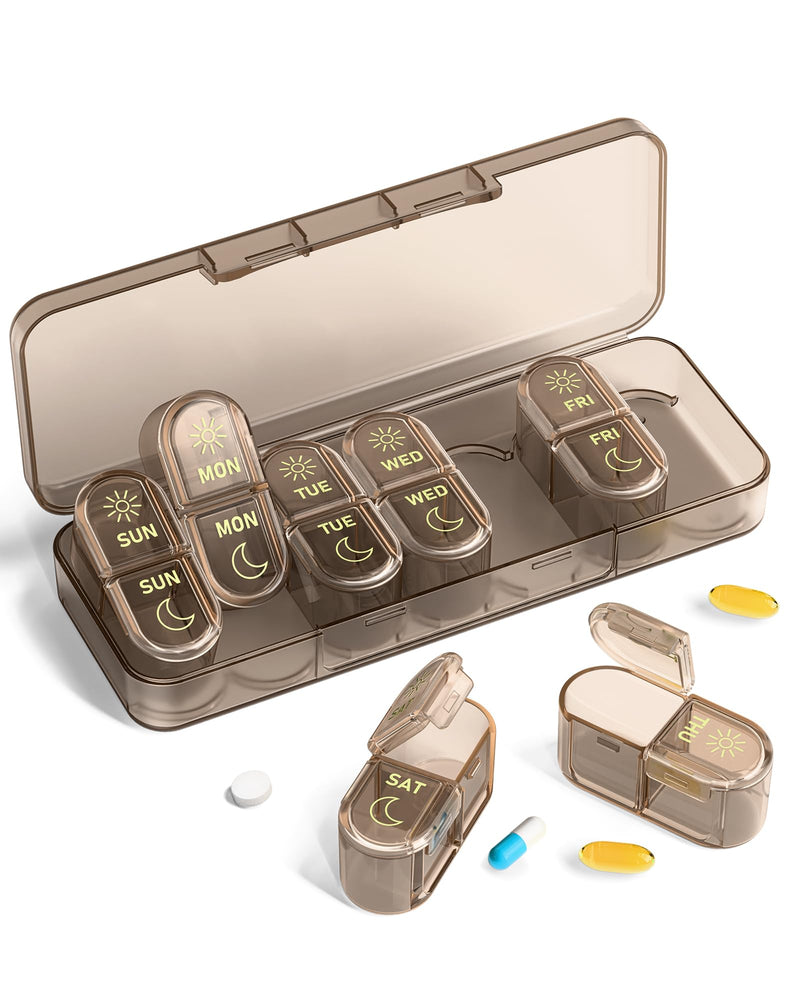 Pillex Weekly Pill Organizer 2 Times a Day, 7-Day AM PM Pill Box, Travel Pill Case, Medicine Pill Organizer for Fish Oils, Vitamins & Supplements Brown