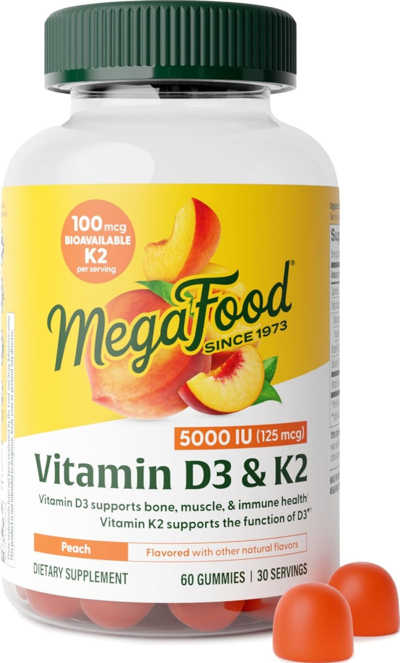 MegaFood Vitamin D3 K2, Bone, Muscle & Immune Health, Peach, 60 Gummies | Vitamin D3 5000 IU with Vitamin K2 for Bone, Muscle, Teeth & Immune Health, No Gelatin, Pectin Based, Vegetarian 30 Servings
