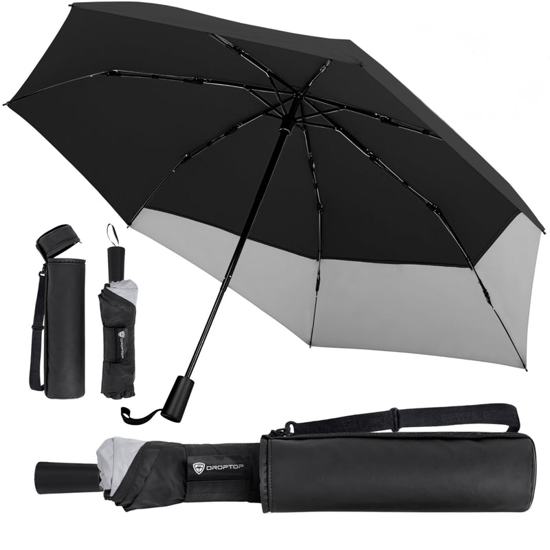 DROPTOP Umbrella Travel Size - Windproof Travel Umbrella Compact | Portable Umbrella with Case & Strap, 46" Full Coverage for Self & Gear, Collapses to 11.5", PFAS-Free, Fiberglass Ribs Black