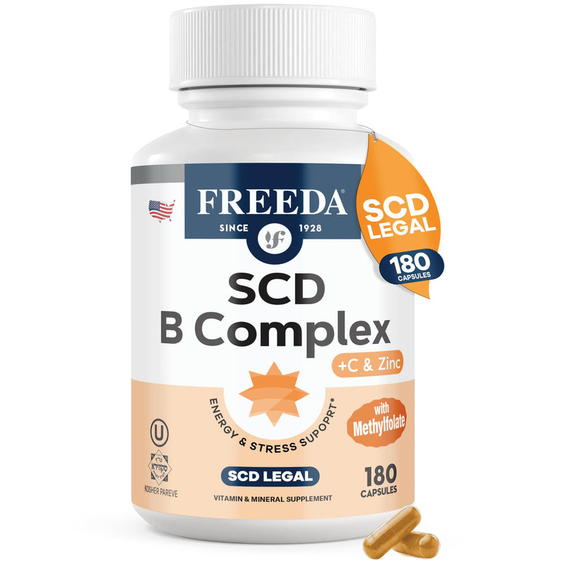 FREEDA Vitamin B Complex with Vitamin C & Zinc – 180 Capsules | Supports Energy & Metabolism with Active B12, Methylfolate, B1–B6, Biotin, Choline - Vegan, Kosher, SCD Legal 180 Count (Pack of 1)