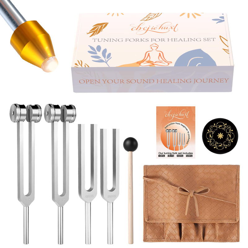 Tuning Forks for Healing(128Hz, 136.1Hz, 432Hz, 528Hz),Medical-Grade Weighted & Unweighted Tuning Forks Set with Vegan Leather Pouch &Activator, for Chakra/Sound Therapy/Yoga/Meditation