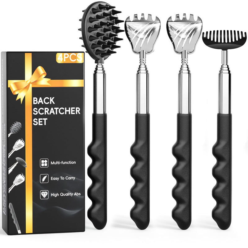 [Australia] - 4 Pack Versatile Back Scratcher, Christmas Gifts for Men, Stocking Stuffers for Men Women, Portable Telescoping with Different Heads and Rubber Handle, White Elephant Gifts for Adults - Black 