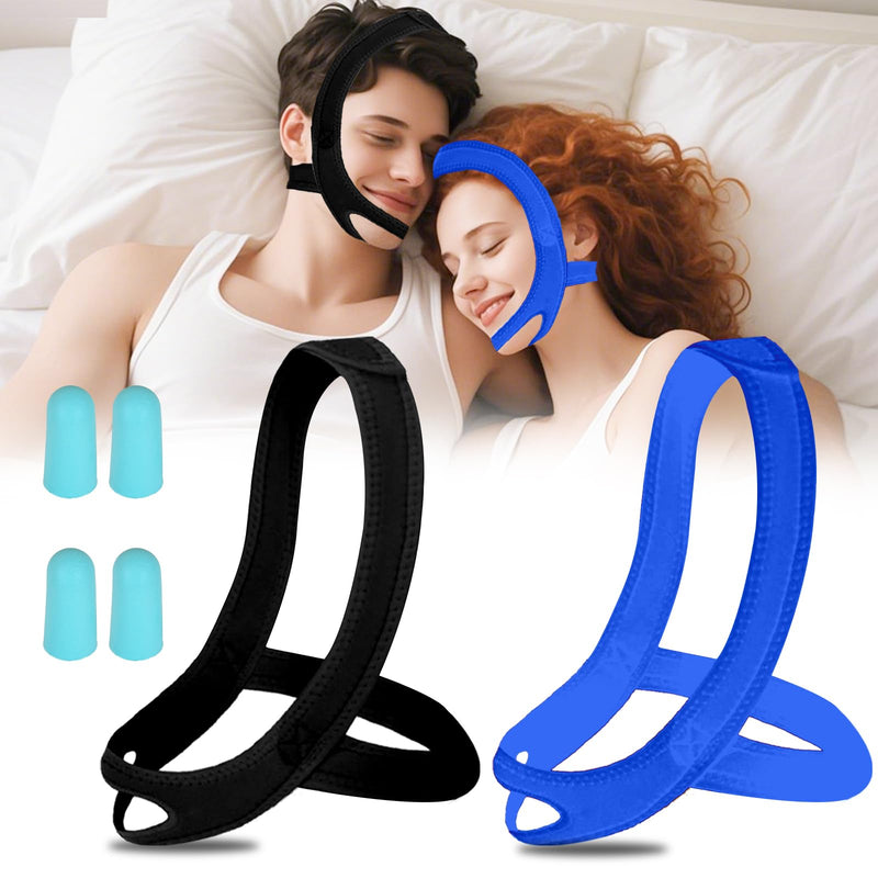 [Australia] - Anti Snoring Chin Strap for Sleeping, 2 Pack Adjustable Jaw Support Strap to Keep Mouth Closed, Soft Snoring Solution for Men Women, Stops Snoring Dry Mouth, Comfort Fit Nighttime Sleeping Aid Black+blue L 